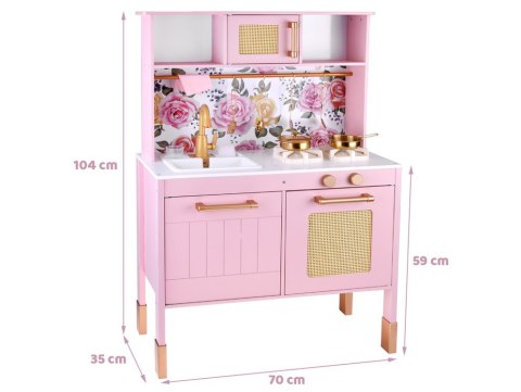 Urocza Różana Drewniana Kuchnia dla dzieci Palnik Zlew Garnki ZA5932