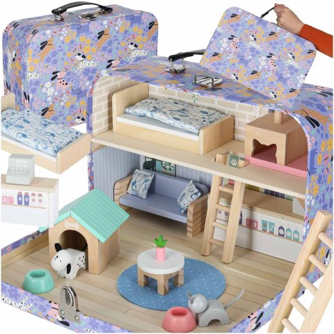 Domek w walizce hotel spa dla zwierząt drewniane mebelki figurki
