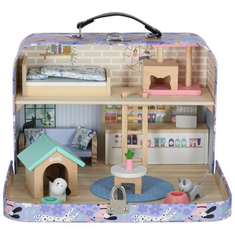 Domek w walizce hotel spa dla zwierząt drewniane mebelki figurki