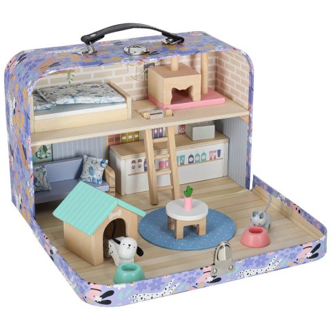Domek w walizce hotel spa dla zwierząt drewniane mebelki figurki